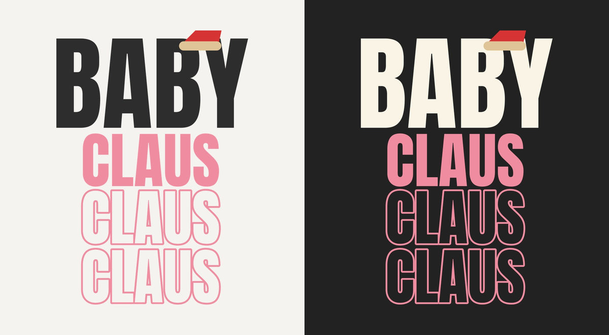 Baby Claus DTF transfer shown on light and dark backgrounds