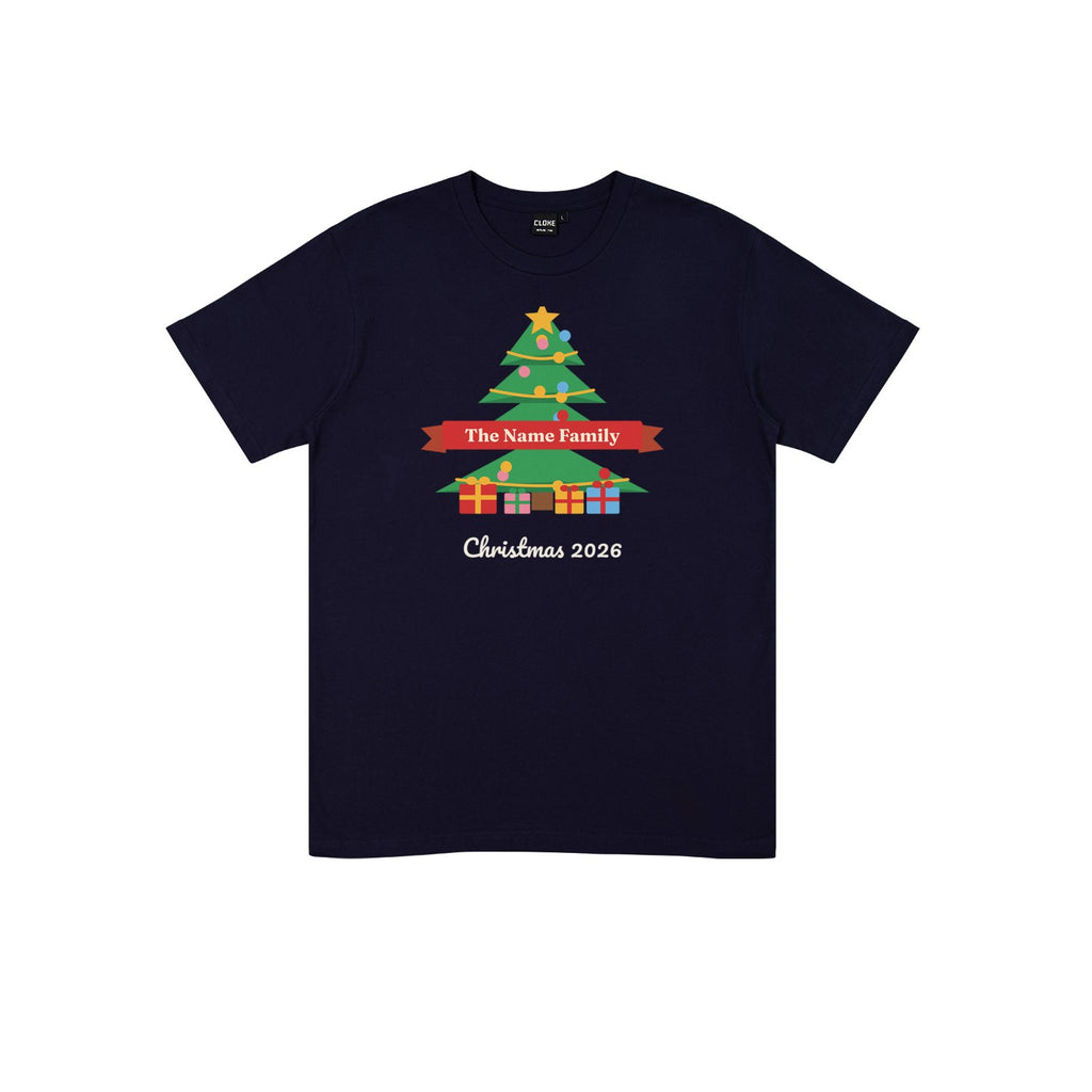 Personalised Family Christmas Tree DTF transfer pressed on a dark tee