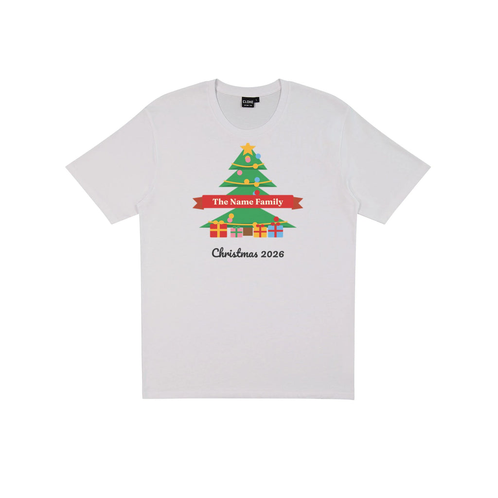 Personalised Family Christmas Tree DTF transfer pressed on a light tee