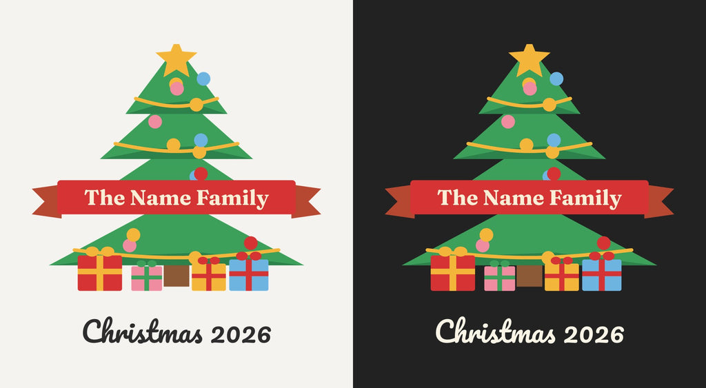 Personalised Family Christmas Tree DTF transfer shown on light and dark backgrounds