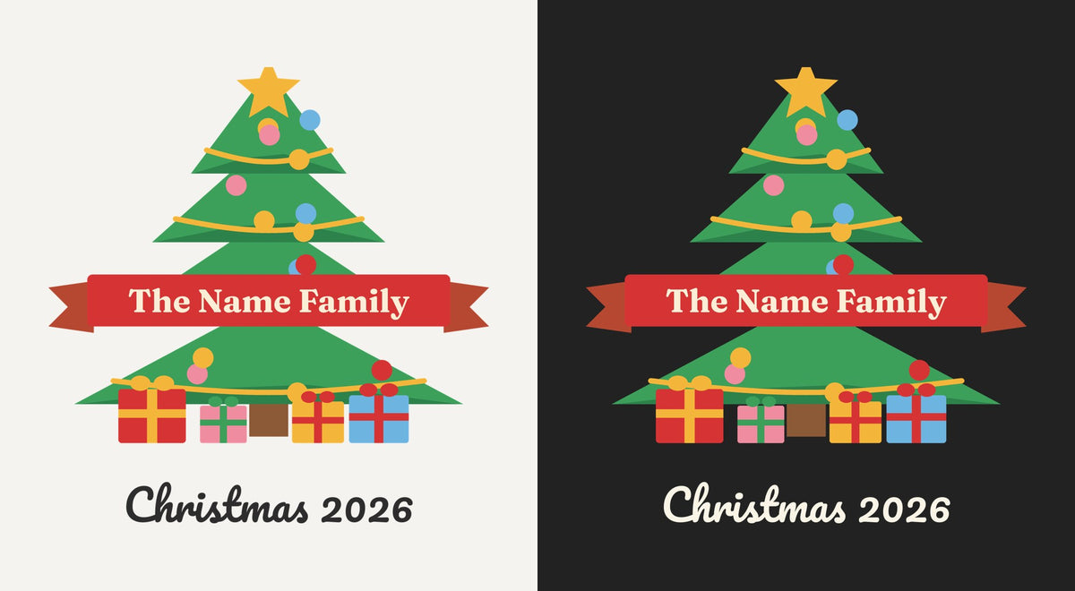 Personalised Family Christmas Tree DTF transfer shown on light and dark backgrounds
