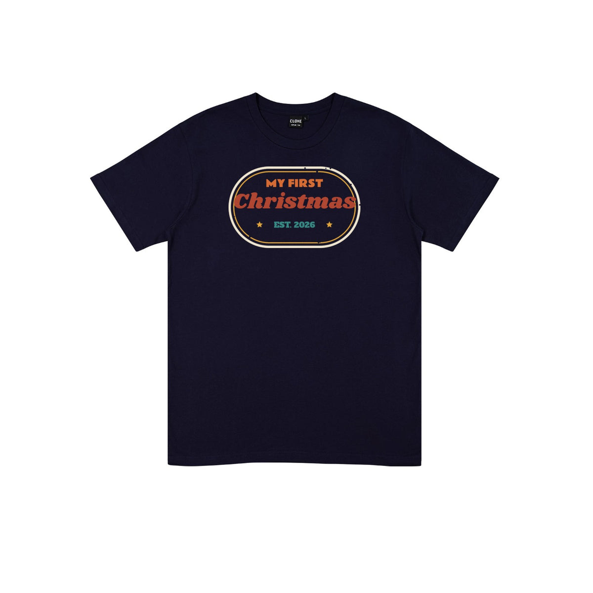 My First Christmas DTF transfer pressed on a dark tee