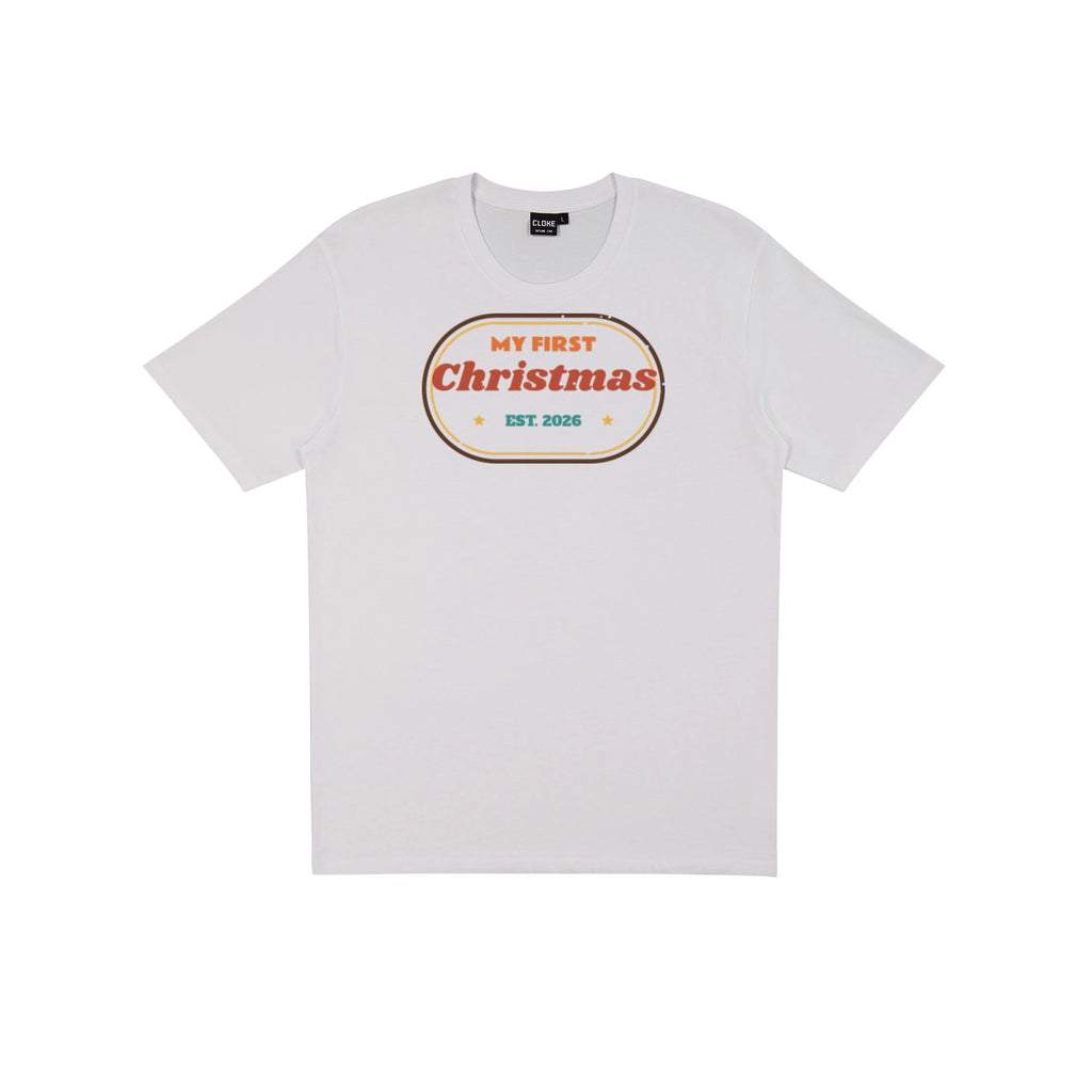 My First Christmas DTF transfer pressed on a light tee
