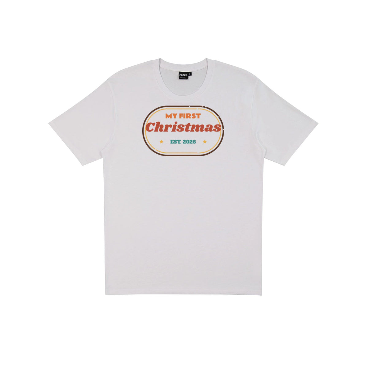 My First Christmas DTF transfer pressed on a light tee