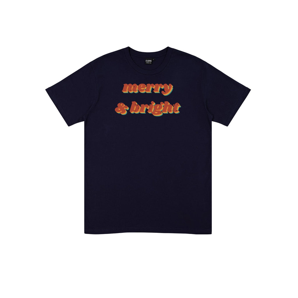 Merry And Bright DTF transfer pressed on a dark tee