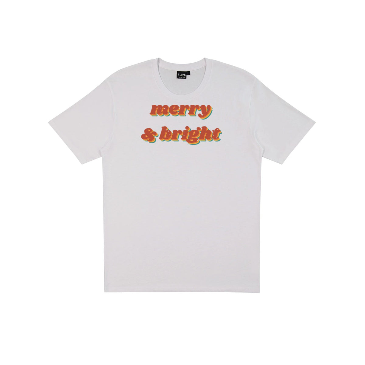 Merry And Bright DTF transfer pressed on a light tee