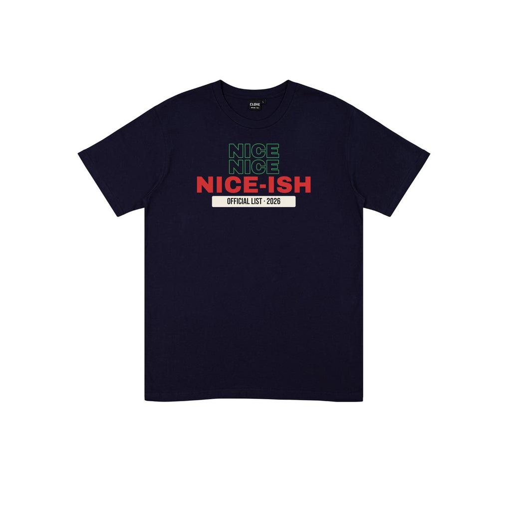 Nice Ish List DTF transfer pressed on a dark tee