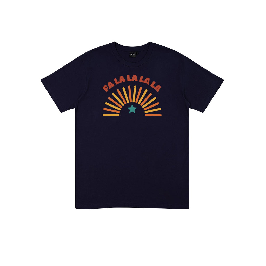 Fa La La DTF transfer pressed on a dark tee
