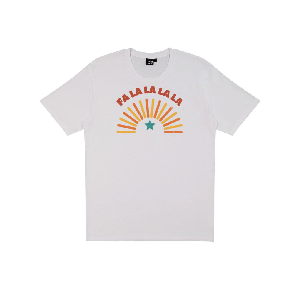 Fa La La DTF transfer pressed on a light tee