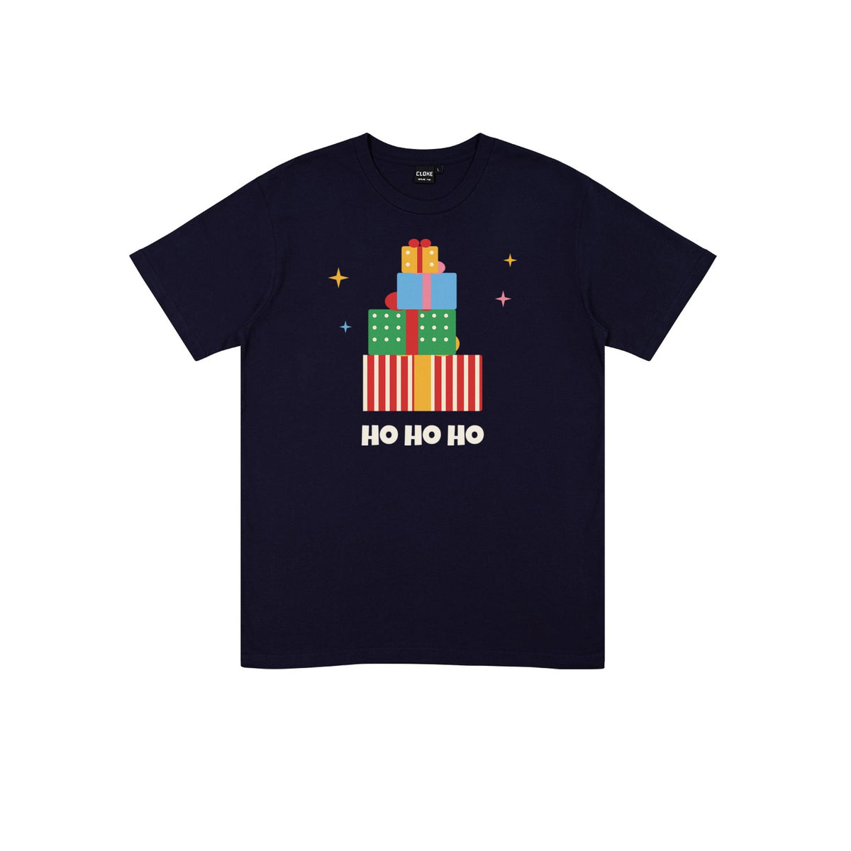 Ho Ho Ho Gift Stack DTF transfer pressed on a dark tee