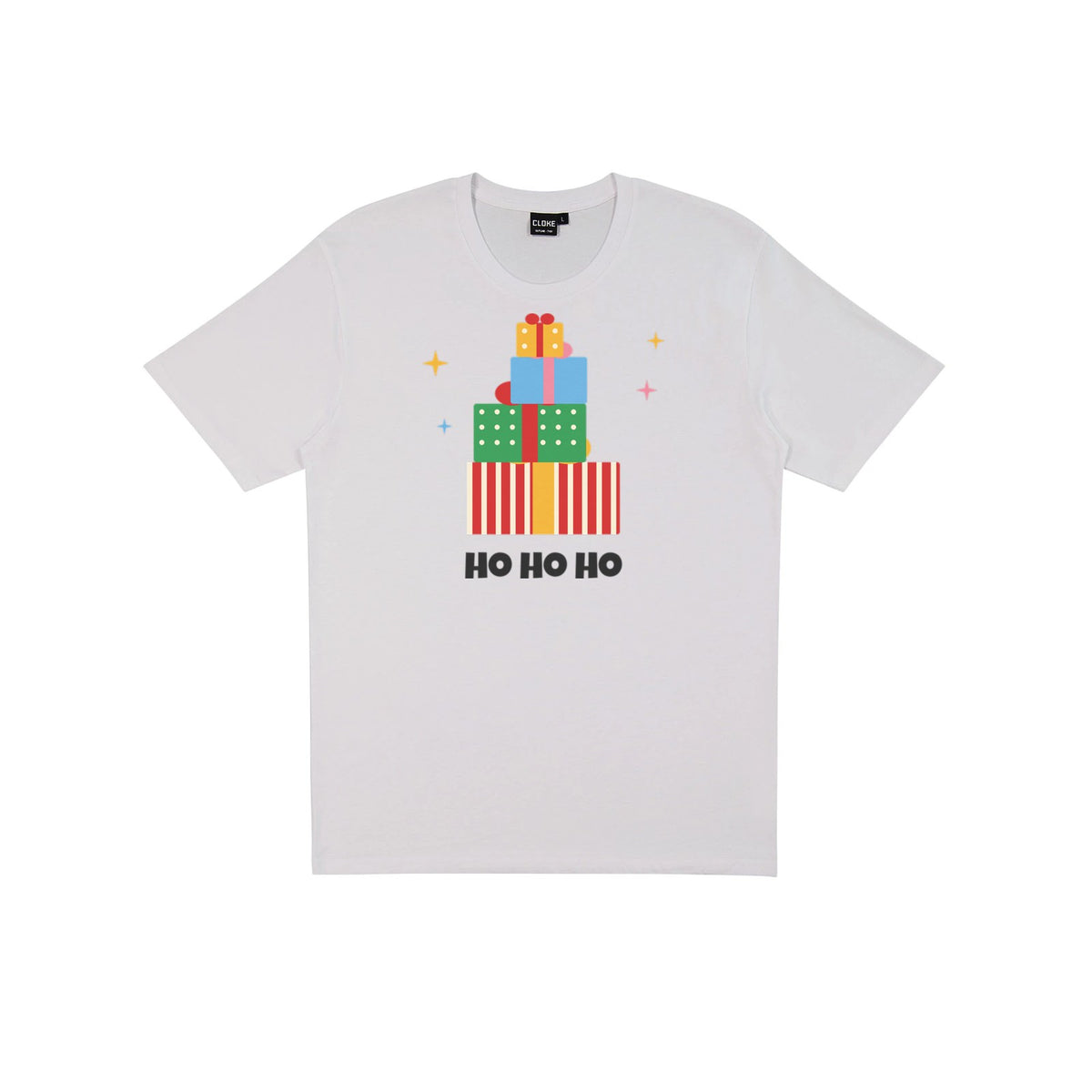 Ho Ho Ho Gift Stack DTF transfer pressed on a light tee