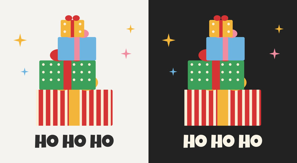 Ho Ho Ho Gift Stack DTF transfer shown on light and dark backgrounds