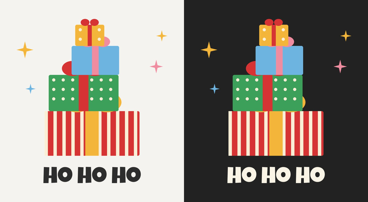 Ho Ho Ho Gift Stack DTF transfer shown on light and dark backgrounds